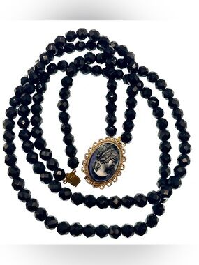 Vintage Black Glass Bead Double Strand Necklace Convertible Cameo Pendant/Brooch